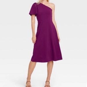 NWT Who What Wear plum purple cotton blend one shoulder midi dress